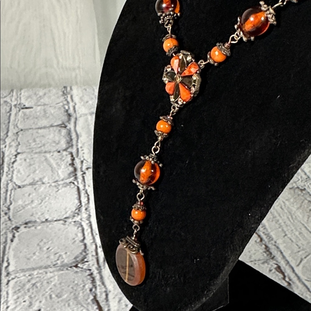 Elegant Burnt Orange Beaded Teardrop Statement Necklace 19” - Picture 3 of 10